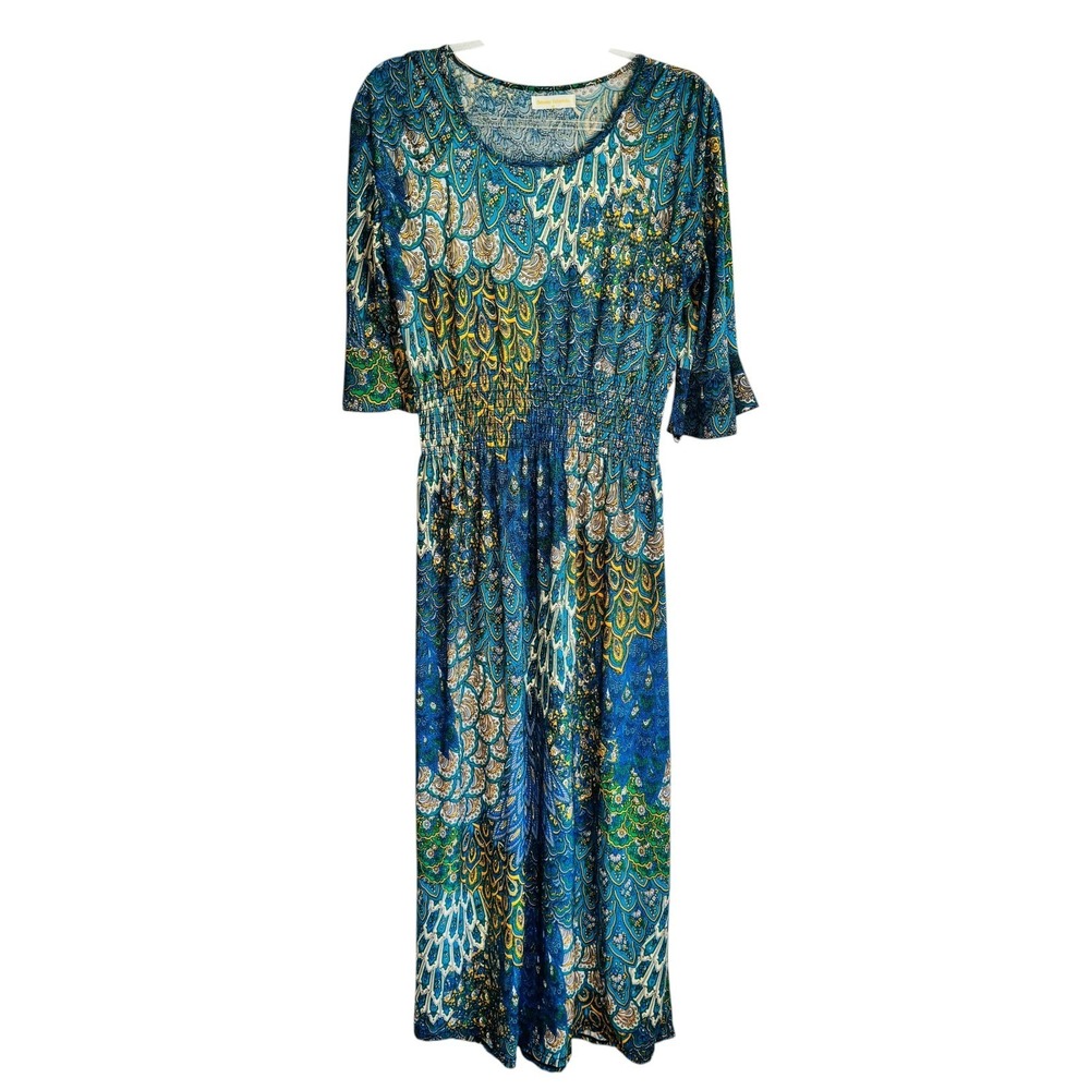Peacock Feather Liquid Knit Floral No Iron Maxi Midi Dress Stretchy M Green Blue